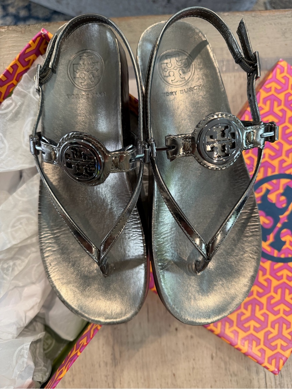 Tory Burch Metallic Silver Logo Thong Sandals